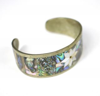 Vintage Inlaid Abalone Shell Star Mexico Fashion Costume Jewelry Cuff Bracelet