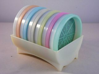 Vintage Tupperware 6 Pastel Wagon Wheel Coasters With Foam Inserts And Holder