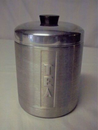 Vintage Mid Century Spun Aluminum Metal Tea 6 " Canister With Black Lid - Vgc