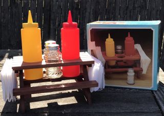 Vintage Red Wood Picnic Table Condiment Set Ketchup Mustard Bottles Salt Shakers
