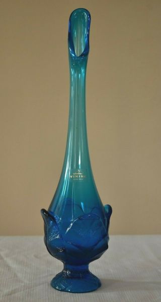 Vintage Viking Blue Swung Stretch 13 " Bud Vase 4 Petal Footed Base With Label