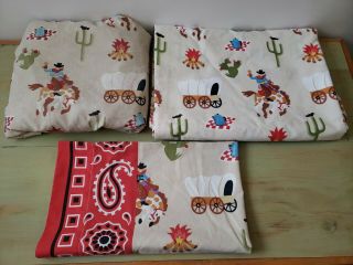 Vintage Dan River Kids Cowboy Rodeo Twin Sheet Set Flat Fitted Pillow Case Flaw