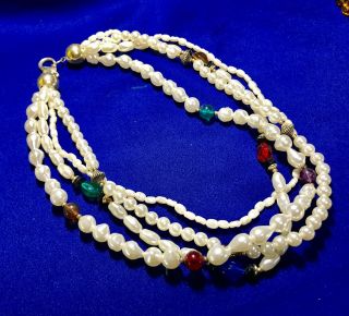 Vintage Faux Pearl Necklace With Multi Color Beads