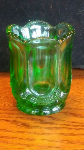 Green Cut Glass Vase Toothpick Holder Vintage Decorative 3