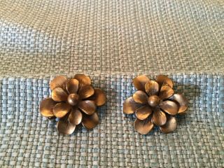 Vintage Bronzetone Double Layer Flower Clip - On Earrings