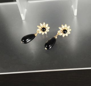Vintage Retro Black Pearl Dangle W Diamonds Daisy On Gold Pierced Earrings,  Gift