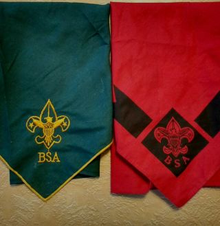 (2) Vintage Bsa Boy Scouts Neckerchiefs Red/black,  Green/gold (embroidered)