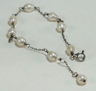 Vintage Sterling Silver Baroque Pearl Chain Dangle Bracelet 7 1/2 "