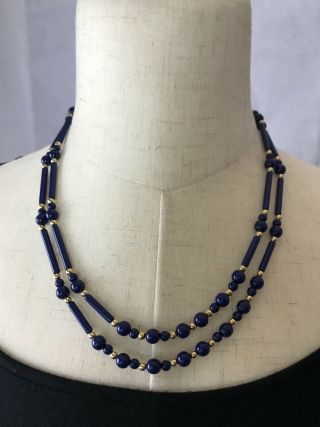 Vintage Trifari Navy Dark Blue And Gold Beaded Necklace Signed Double Strand 24”