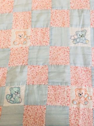 Vintage Baby Blanket Embroidered Quilt Handmade Pink Blue Teddy Bear Boy Or Girl