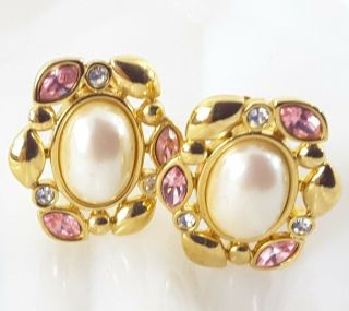 Monet Vtg Signed Earrings Haute Couture Pearl Cabochon Pink Crystal Rhinestones