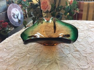 Vintage Mid Century Green - Amber Murano Hand Blown Glass Bowl - Ashtray