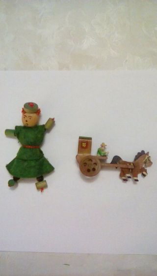 Vintage Tiny Wooden Toy Horse And Cart,  Toy Clown Green Japan