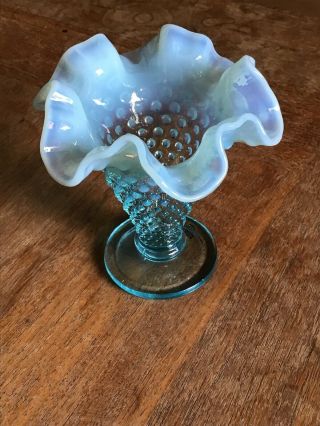 Vintage Fenton Opalescent Blue Hobnail Trumpet - 4 " Vase