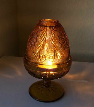 Tiara Amber Sandwich Pattern Fairy Lamp Indiana Glass Candle Holder 6 " Vintage
