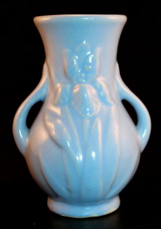 Vintage Shawnee Usa Turquoise Blue Handled Iris Art Pottery Cabinet Vase 5 1/2 "