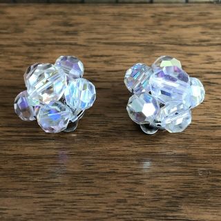 Vintage Clip On Earrings - Glass Aurora Borealis Crystal Bead Cluster - 1950s