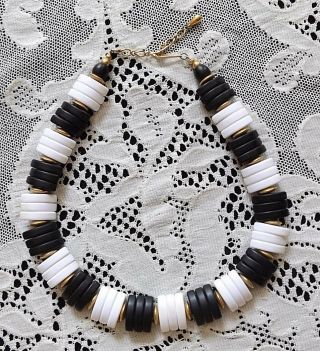 Vintage Black & White Bead 15 " Choker Length Necklace - Gold Tone Accents