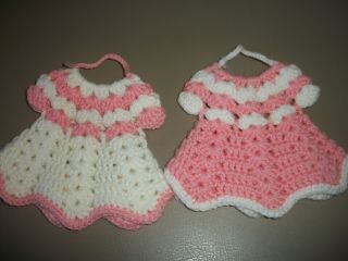 Set Of 2 Vintage Hand Crocheted Pink & White Dress Pot Holders
