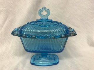Vintage Blue Glass Candy Dish With Lid