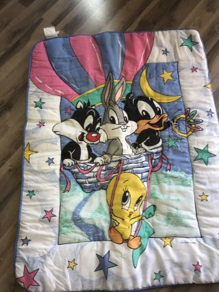 Vtg Baby Looney Tunes Crib Quilt Comforter Blanket Cover Bugs Balloon Hot Air