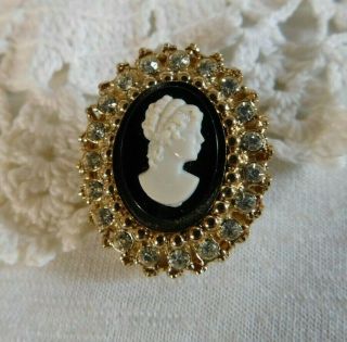 Coro Vintage Clear Rhinestone,  Faux Black & White Cameo Pin Brooch,  Signed
