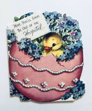 Vintage Rust Craft Get Well Card Marjorie Cooper Pink Egg Baby Duck Pond Flower