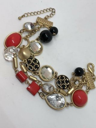 Vintage Triple Strand Red Black And Brushed Gold Rhinestone Bracelet