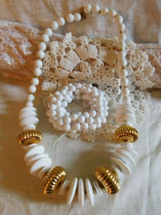 Vintage White,  Gold Beaded Statement Necklace And Bracelet Set