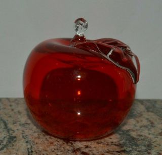Vintage Hand Blown Red Clear Glass Apple With Stem And Leaf