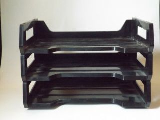 Vintage Rogers Set Of 3 Black Stak - Ette Plastic Letter File In/out Trays
