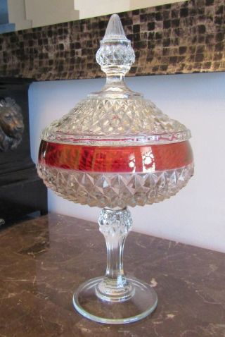 Vintage Indiana Glass Diamond Point Ruby Flash Covered Candy Dish/compote