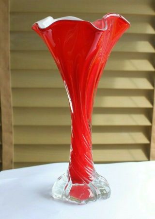 Vintage Murano Red Cased Glass Fluted Trumpet Vase,  Twisted White,  Clear Base