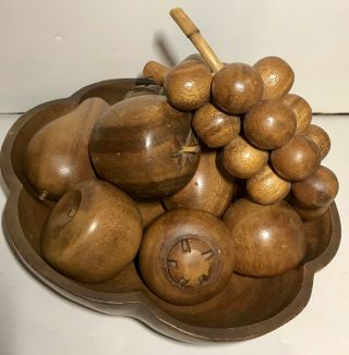 Vintage Monkey Pod Carved Wood Fruit & Bowl 11 Piece Philippines