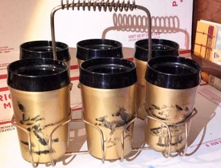 Vintage 6 Plastic Cups With Wire Rack Gold With Deer Fish Geese