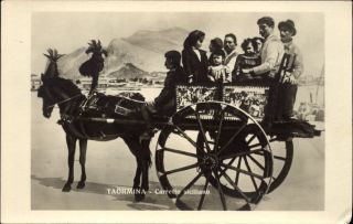 Sicilian Cart Taormina Sicily Italy Italian Family Vintage Postcard