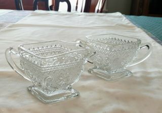 Vintage Clear Depression Glass Creamer And Sugar Bowl Diamond And Flower Pattern