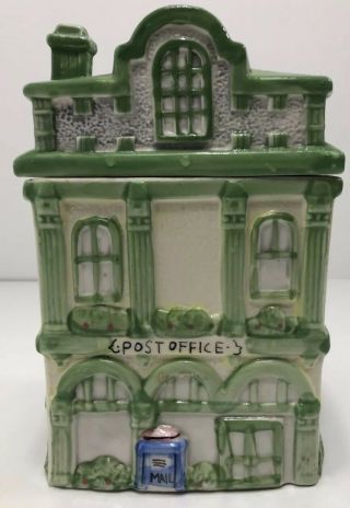 Vintage Ceramic Post Office Cookie Jar Hand Painted Country Cottage Green
