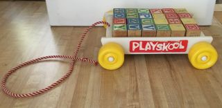 Vintage Playskool Pull Wagon With Abc & Numbers Wood Blocks