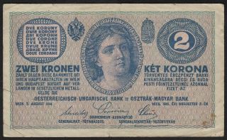 1914 2 Kronen Austria Vintage Old Paper Wwi Money Banknote Currency Note P 17b F