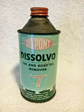 Vintage Dupont Dissolvo Tar Road Oil Remover Cone Top Can Sign Service Station