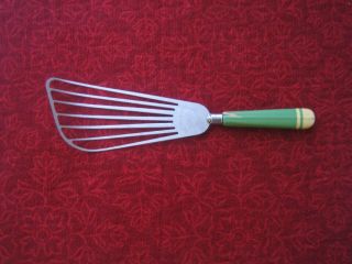 Vintage A&j U.  S.  A.  Slotted & Curved End Batter Beater With Green Wood Handle