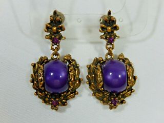 Vtg.  Selro Selini Fabulous Purple Moonglow & Rhinestone Ornate Dangle Earrings