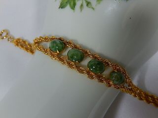 Vintage Mid Century 1/20 12kgf Green Jade Cabochons 7 " Signed Bracelet