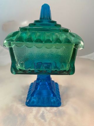 Vintage Depression Glass Footed Bowl Candy Compote Dish W/lid Green Blue Ombré