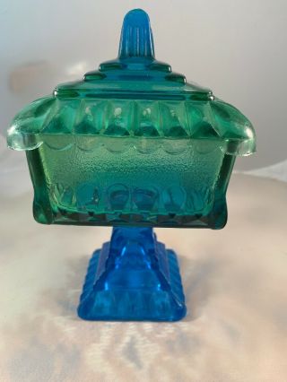 Vintage Depression Glass Footed Bowl Candy Compote Dish w/Lid Green Blue Ombré 2