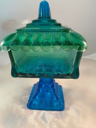 Vintage Depression Glass Footed Bowl Candy Compote Dish w/Lid Green Blue Ombré 3