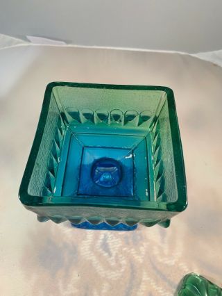 Vintage Depression Glass Footed Bowl Candy Compote Dish w/Lid Green Blue Ombré 4