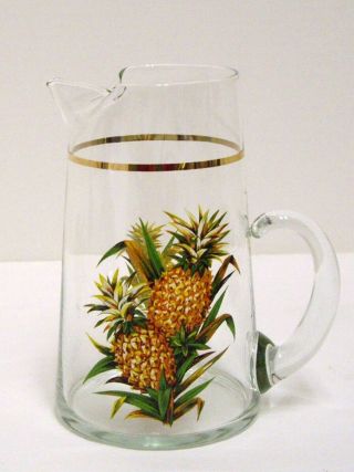 Vintage Glass Pitcher Hand Painted Pineapple Pinched Ice Lip Applied Handle