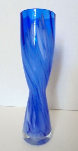 Vintage Hand Blown Art Glass Cased Vase Cobalt Blue White Swirl Ribbed 9 " Tall